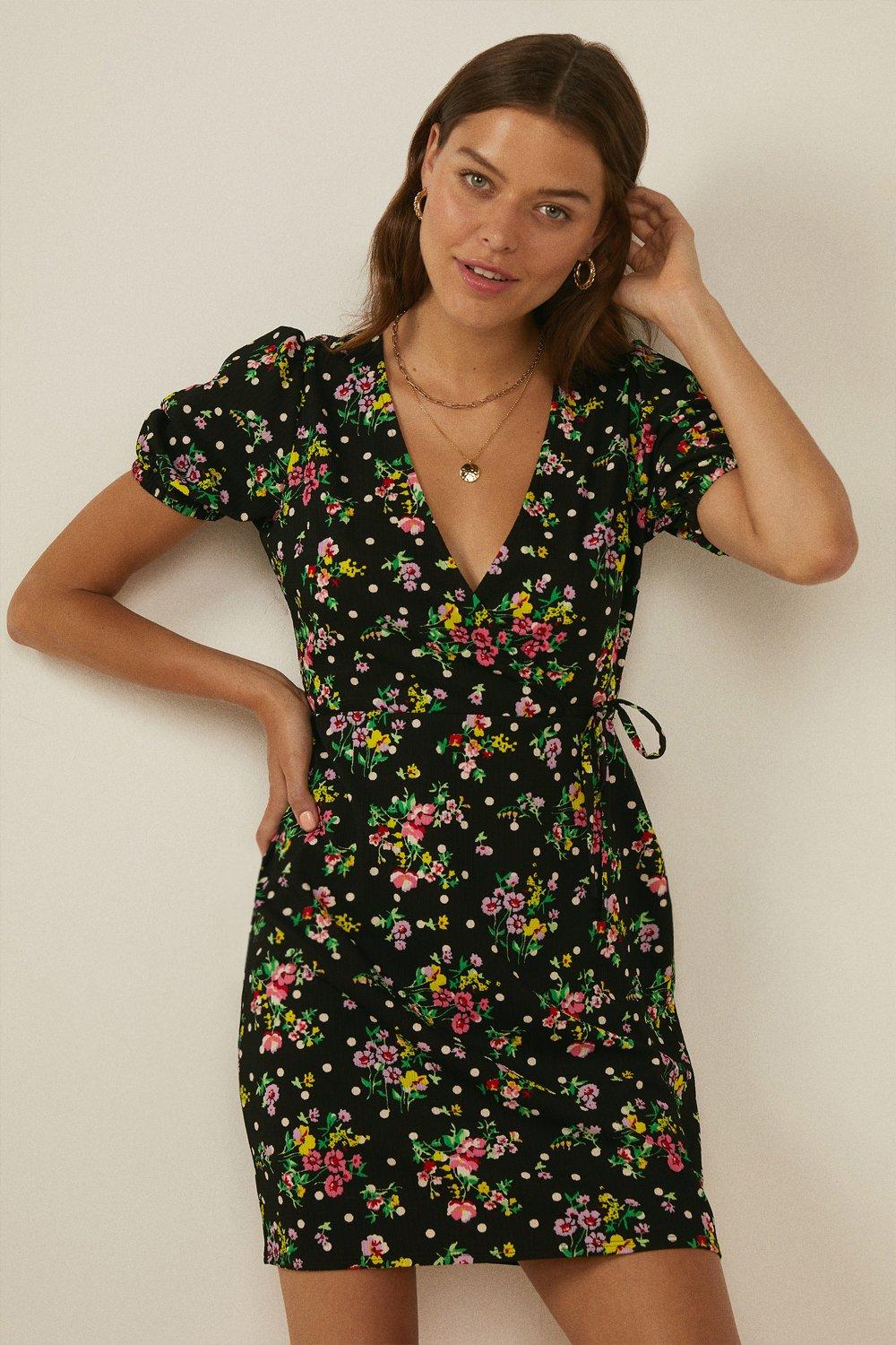Floral Print Wrap Top Puff Sleeve Mini Dress | Oasis